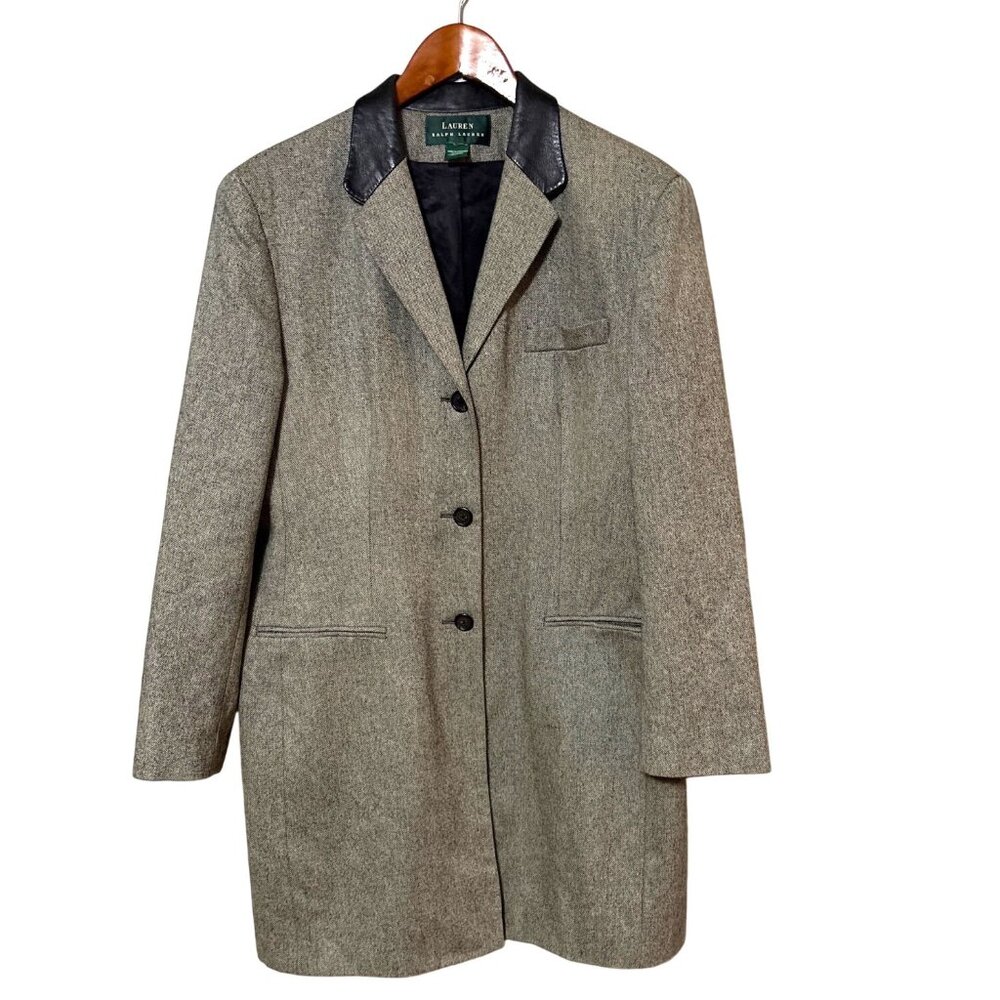 Vtg Lauren Ralph Lauren Wool Herringbone Blazer Coat With Black Leather Collar M